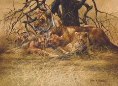 Gary Swanson, Lioness and Four Cubs, Oil on canvas