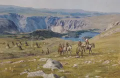 John Walter Scott, Indians Riding Away, Oil on canvas mounted to board