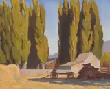 Maynard Dixon, Barn and Poplars, Oil on canvas mounted to board