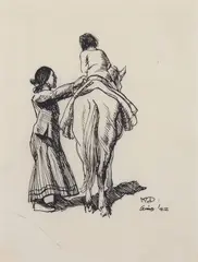 Navajo Woman, Child and Horse by Maynard Dixon, Pen & Ink, sold Apr 2025