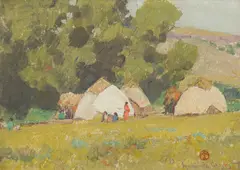 Apache Camp by Maynard Dixon, Oil on board, sold Apr 2025