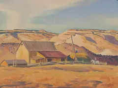 Edith Hamlin, Barns Against Mesas, Oil on canvas mounted to board