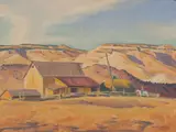 Edith Hamlin, Barns Against Mesas, Oil on canvas mounted to board