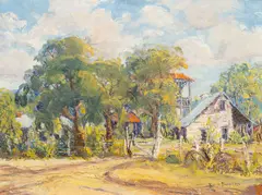 Ruth Duncan, Stage Stop at Leon Springs, Texas, oil on masonite
