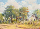 Ruth Duncan, Stage Stop at Leon Springs, Texas, oil on masonite