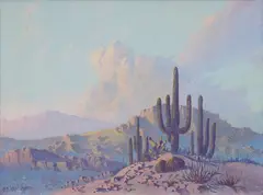 Jack Van Ryder, Saguaro and Mountain Landscape, oil on artist board