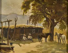 Fred Darge, Two Figures Outside Cabin, oil on canvas board