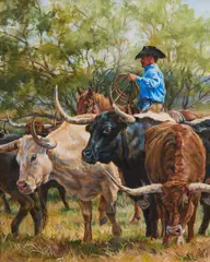 Sharon Standridge, In the Midst of Mesquite Thorns and Longhorns, oil on canvas