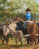 Sharon Standridge, In the Midst of Mesquite Thorns and Longhorns, oil on canvas