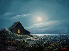 Seaside Cabin in Moonlight by Dalhart Windberg, oil on canvas, sold Oct 2025