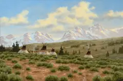 Teepees Under Cloudy Sky by Heinie Hartwig, oil on board, sold Jul 2026