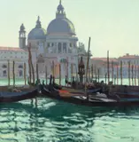 Ernest Martin Hennings, Idle Gondolas, Venice, Italy, oil on canvasboard