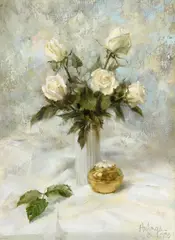 Clark Hulings, White Roses with Brass and Ivory Pillbox, 1988, oil on canvas