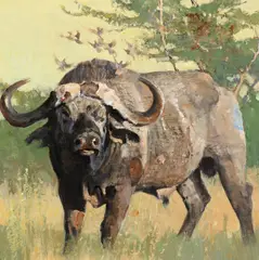 Bob Kuhn, Mbogo, acrylic on board