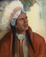 The Blackfoot Warrior by Kathryn W. Leighton, oil on canvas, sold Jul 2026