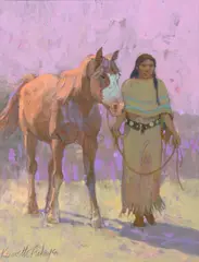 Kenneth Riley, Indian Woman Leading a Horse, acrylic on board