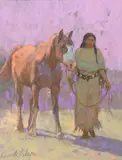 Kenneth Riley, Indian Woman Leading a Horse, acrylic on board