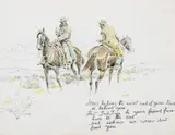 Charles Marion Russell, Here’s Hoping the Worst End of Your Trail Is Behind You, hand-colored lithograph on paper