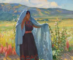 Joseph Henry Sharp, Crucita – Blue Shawl and Hollyhocks, oil on canvas