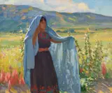 Joseph Henry Sharp, Crucita – Blue Shawl and Hollyhocks, oil on canvas