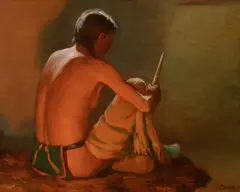 Joseph Henry Sharp, Indian Portrait by Firelight and Moonlight, oil on canvas