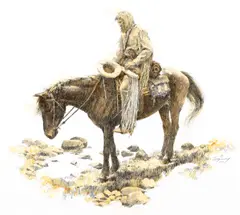 Howard Terpning, Watering Stop, 1977, mixed media on board