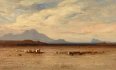 Samuel Colman, Wagon Train in Oregon (ca. 1870), oil on canvas laid on board