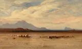Samuel Colman, Wagon Train in Oregon (ca. 1870), oil on canvas laid on board