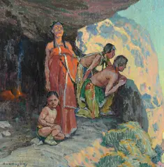 The Sun Worshippers – Walnut Canyon, Arizona (ca. 1919) by E. Irving Couse, oil on canvas laid on board, sold Jul 2025
