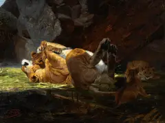Lioness with Three Cubs by Richard Friese, 1885, oil on canvas, sold Jul 2025
