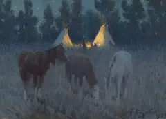 Elling William Gollings, Crow Camp by Moonlight, 1923, oil on board