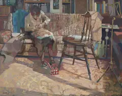 Warren Storey, Helen Sewing, oil on canvas laid on board
