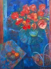 Leslie Moore, Flowers on a Table, oil on board