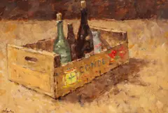 Ronald Thexton, Bottles in Wooden Box, oil