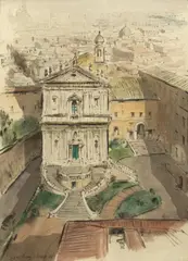 Jean-Pierre Geoffroy Dechaume, Church of Santi Domenico e Sisto, Rome, charcoal and watercolour