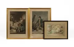 George Morland, Two framed prints The Millers, The Poacher, and a coloured pencil sketch of a rustic family