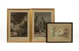 George Morland, Two framed prints The Millers, The Poacher, and a coloured pencil sketch of a rustic family