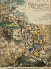 James Gillray, The Pigs Possessed: _ or _ the Broad bottom'd Litter running headlong into ye Sea of Perdition, hand coloured engraving