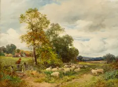 David Bates, Flock of Sheep in a Landscape, oil on canvas