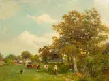 David Bates, Girl and Sheepdog Driving Cattle, oil on canvas