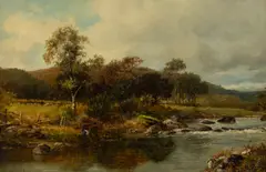 David Bates, Anglers by the Lledr, North Wales, oil on canvas 29 x 44cm