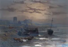 Charles Brooke Branwhite, Beached Boats by Moonlight (possibly in Wales), watercolour