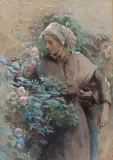 Frederick John Skill, Girl Gathering Roses, watercolour