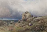 Josiah Wood Whymper, Loading the Hay Wagon, watercolour heightened in white