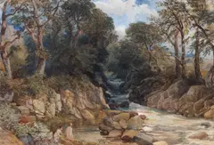 David Cox Jnr., Girls Bathing in a Welsh Mountain Stream, watercolour with scratching out