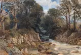 David Cox Jnr., Girls Bathing in a Welsh Mountain Stream, watercolour with scratching out