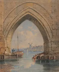 John Varley, Bathers under a Bridge, watercolour