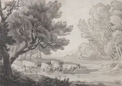 John White Abbott, Cattle Watering, pen and ink wash
