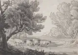 John White Abbott, Cattle Watering, pen and ink wash