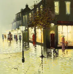 Barry Hilton, Rainy Street Scene, oil on board